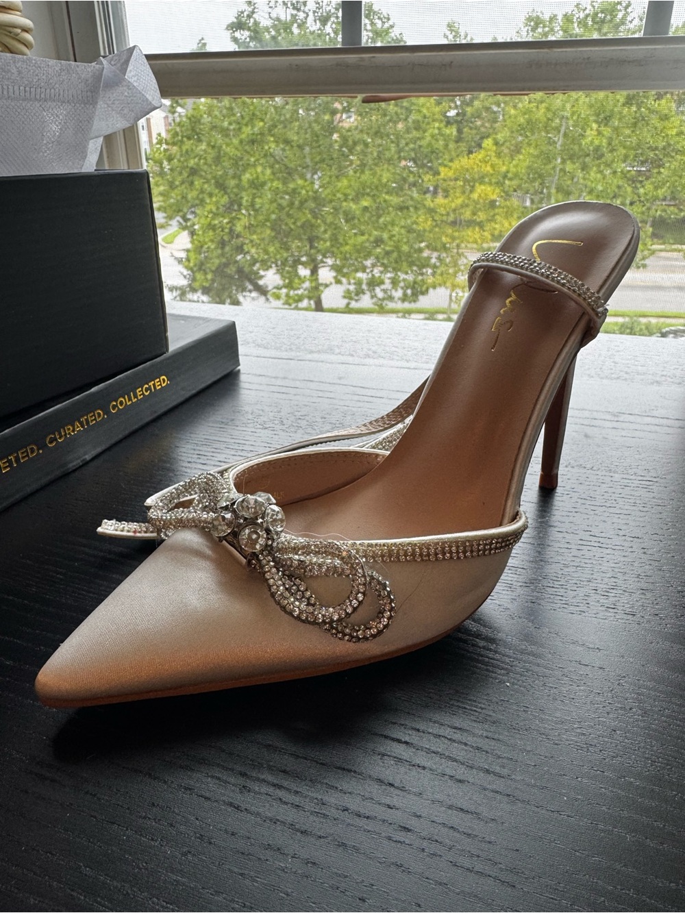 Lulu's White Satin Pointed-Toe Crystal-Embellished Mule